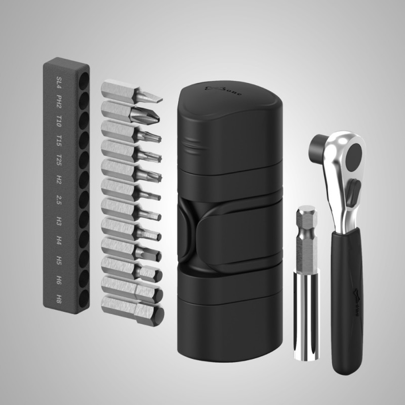 1.迷你棘輪扳手72齒 2.延長桿 3.S2套頭12件組  一字型：SL4  十字型：PH2  梅花型：T10、T15、T25  六角型：H2、H2.5、H3、H4、H5、H6、H8  (含TPR環保套頭套)