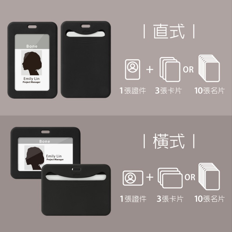 正面可放置證件，背面微笑開口，可收納卡片3張或10張名片