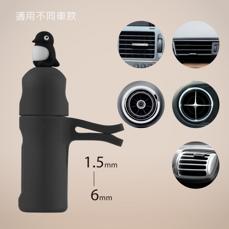 車用擴香夾可夾於1.5~6 mm 厚度的冷氣出風口，適配多款車型，矽膠不鏽鋼夾不傷車體 ＊請注意精油需正立放置，避免滲漏 ＊請勿接觸火源，避免曝曬