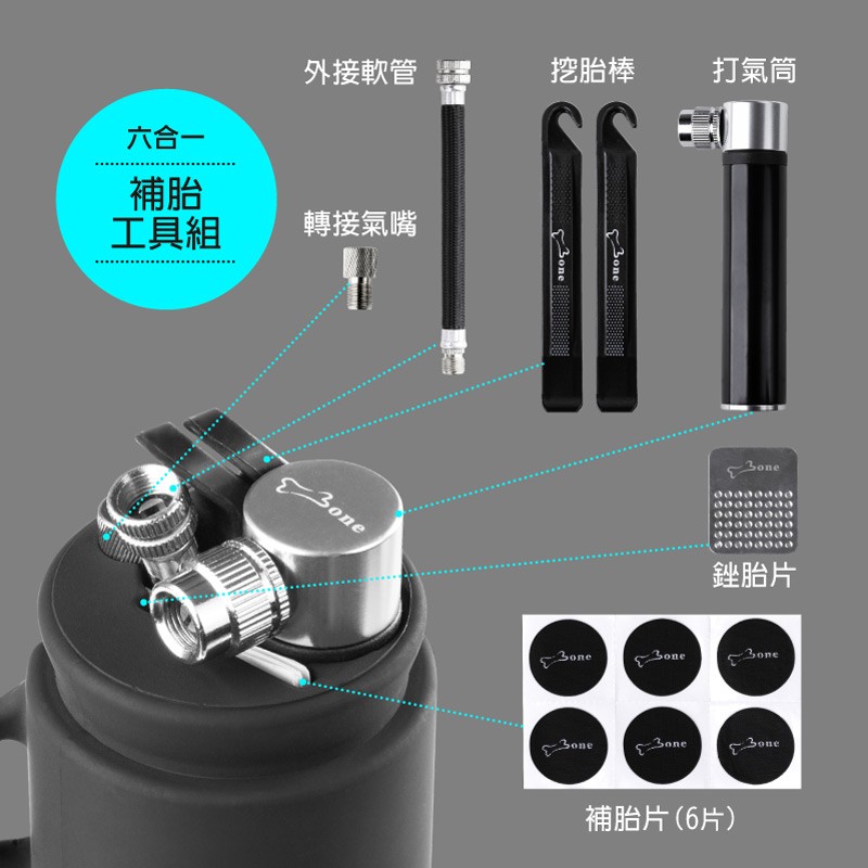六合一《補胎工具組》提供打氣筒、轉接氣嘴(美式、法式轉換)、外接軟管、補胎片、銼胎片、挖胎棒