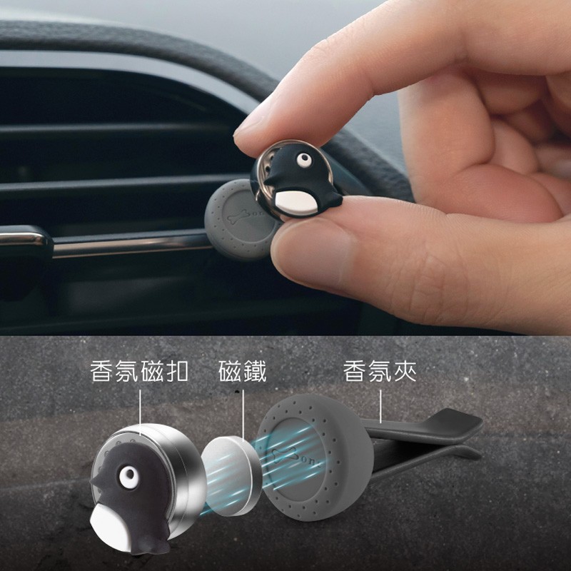 車用香氛夾加上香氛磁扣，金屬不銹鐵磁吸扣，強力磁性方便固定於車上，不佔空間不搖晃