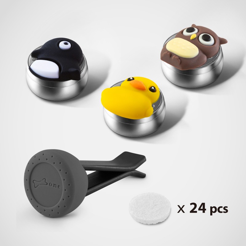 車用香氛夾產品內容物包含-香氛夾1個，精油香氛磁扣3個，可替換棉片24片