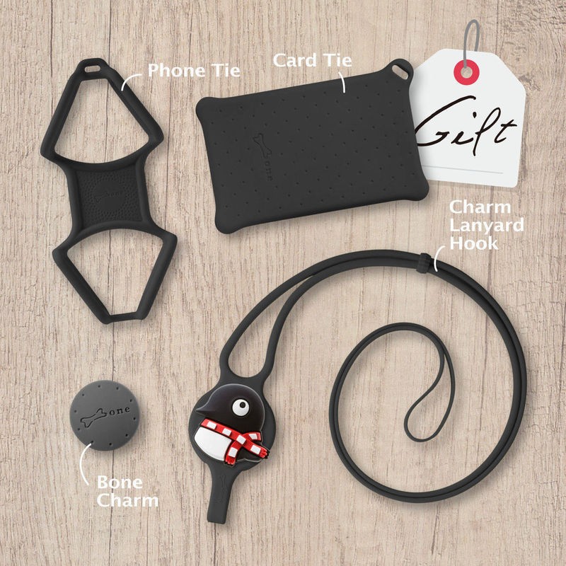 Bone Lanyard ギフト セット スマホ ストラップ ケース付  (ネック + ハンド) ブラック (黒)